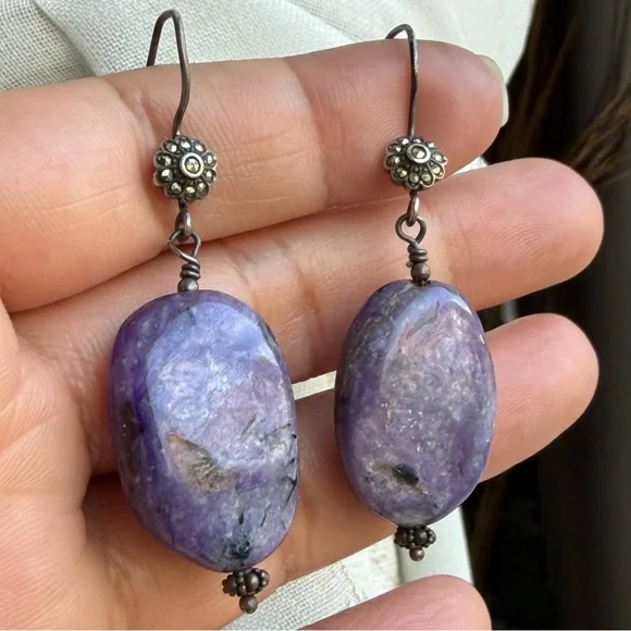 Handmade Chariote Purple Gemstone Sterling Silver Boho Dangle Earrings - Picture 15 of 17